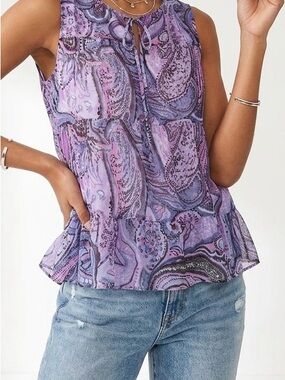 Talbots Boho Paisley Tiered Poplin Sleeveless Blouse Purple XS Retro Y2K Vibes